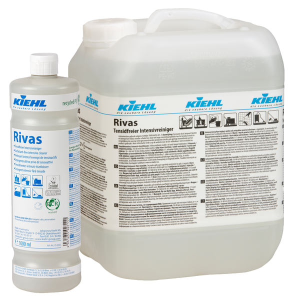 Abgebildet sind eine 1-Liter-Flasche und ein größerer Kanister von Kiehl Rivas Tensidfreier Intensivreiniger der Johannes Kiehl KG, beide mit weißem Etikett und blauem Branding für diesen tensidfreien Reiniger für verschiedene Oberflächen.