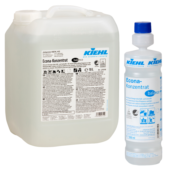 Pictured are two containers of Kiehl Econa Concentrate balance all-purpose cleaner without fragrances and dyes by Johannes Kiehl KG: on the left a 10-liter canister and on the right a 1-liter bottle, both with product information.