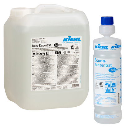 Pictured are two containers of Kiehl Econa Concentrate balance all-purpose cleaner without fragrances and dyes by Johannes Kiehl KG: on the left a 10-liter canister and on the right a 1-liter bottle, both with product information.