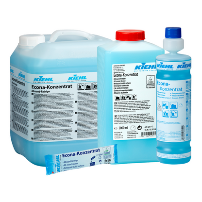 Pictured are four containers of Kiehl Econa Concentrate All-Purpose Cleaner from Johannes Kiehl KG in various sizes: a large jug, medium and small bottles, as well as a disposable pouch, all with white-blue labels.