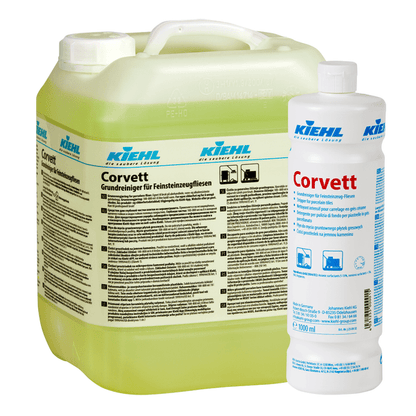 A 10-liter canister and a 1-liter bottle of Johannes Kiehl KG's Kiehl Corvett Basic Cleaner for Porcelain Stoneware Tiles, both labeled in German with blue/red details - perfect for cleaning porcelain stoneware tiles.