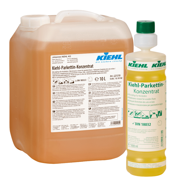 A 10-liter plastic canister and a 1-liter bottle of Kiehl Parkettin Concentrate Floor Care for Wooden Floors by Johannes Kiehl KG, both filled with yellow liquid and equipped with white labels containing product information.