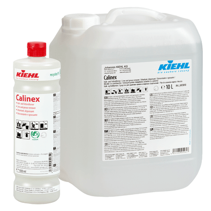 Pictured are two containers of Kiehl Calinex Lime and Grease Remover from Johannes Kiehl KG: a 1L bottle with a red cap and a white 10L canister, both with detailed product labels.