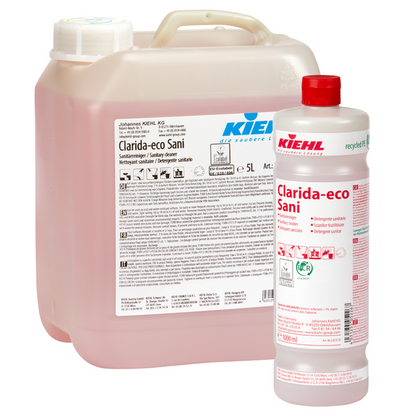 Two containers from Johannes Kiehl KG Kiehl Clarida-eco Sani sanitary cleaner: a transparent 5L canister with a white lid and label, and a 1L bottle with a red lid and white/red label, both containing pink liquid.