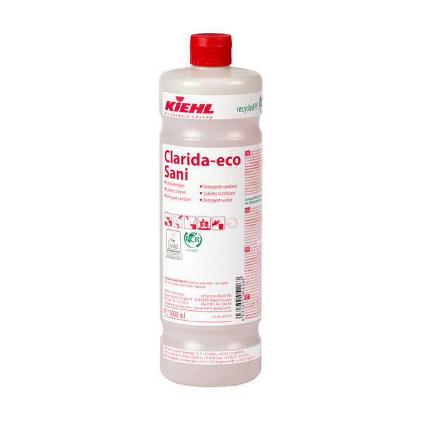 The white plastic bottle "Kiehl Clarida-eco Sani sanitary cleaner" from Johannes Kiehl KG holds 1,000 ml, is labeled with red lettering and pictograms, and carries recycling and safety information on the label.