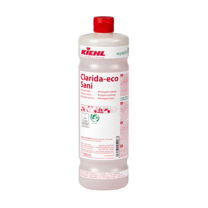 The white plastic bottle "Kiehl Clarida-eco Sani sanitary cleaner" from Johannes Kiehl KG holds 1,000 ml, is labeled with red lettering and pictograms, and carries recycling and safety information on the label.