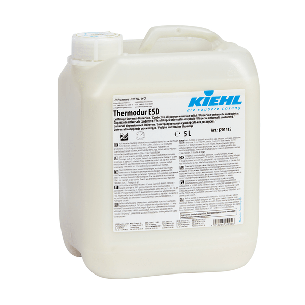 A white 5-liter plastic canister labeled "Kiehl Thermodur ESD Conductive Universal Dispersion" (Johannes Kiehl KG), designed for ESD floors. The German label includes application instructions and safety information. Sold in a box with 2 bottles.