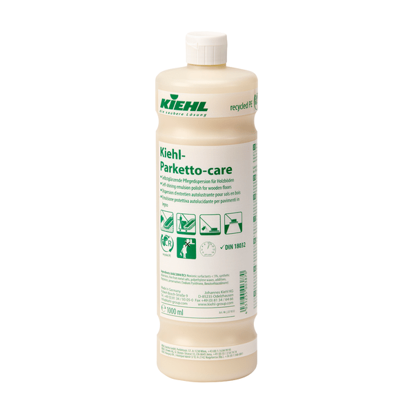 A 1,000 ml plastic bottle of Kiehl Parketto-care self-gloss care dispersion for wooden floors by Johannes Kiehl KG is equipped with a green-white label, pictograms for parquet floors, instructions, and a screw cap.