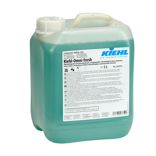 The Kiehl Omni-fresh Microbiological Odor Neutralizer, cleaning-active by Johannes Kiehl KG, with handle and screw cap, contains a 5-liter container made of translucent plastic with green liquid cleaner for effective odor neutralization.