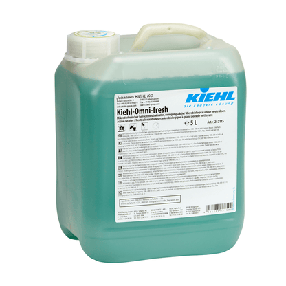 The Kiehl Omni-fresh Microbiological Odor Neutralizer, cleaning-active by Johannes Kiehl KG, with handle and screw cap, contains a 5-liter container made of translucent plastic with green liquid cleaner for effective odor neutralization.