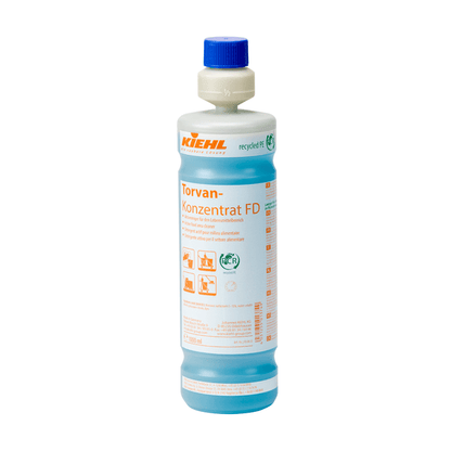 A 1L plastic bottle Johannes Kiehl KG Kiehl Torvan Concentrate FD active cleaner for the food sector with a blue cap, orange label with instructions and symbols. Perfect cleaning concentrate for the food industry.