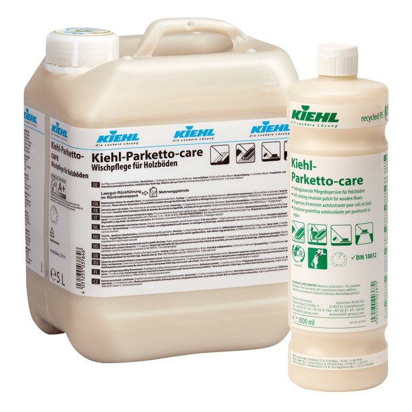 A 5L canister and a 1L bottle of Kiehl Parketto-care self-gloss care dispersion for wooden floors by Johannes Kiehl KG are pictured side by side, each with white labels containing product information in several languages.