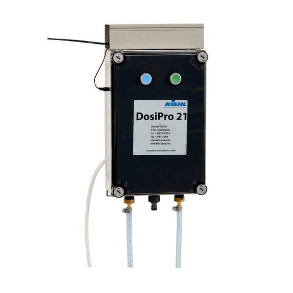 The Kiehl DosiPro21 programmable dosing device from Johannes Kiehl KG is a rectangular black and silver device with two buttons, a display, an antenna, and two hoses connected at the bottom for dosing two products.