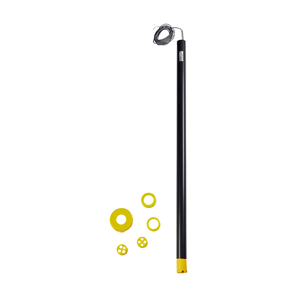 The black cylindrical Kiehl Multi-Lance 1000 multi-suction lance from Johannes Kiehl KG for ARCANDIS and ARENAS dosing devices is equipped with a twisted wire at the top and is delivered with five yellow circular parts.