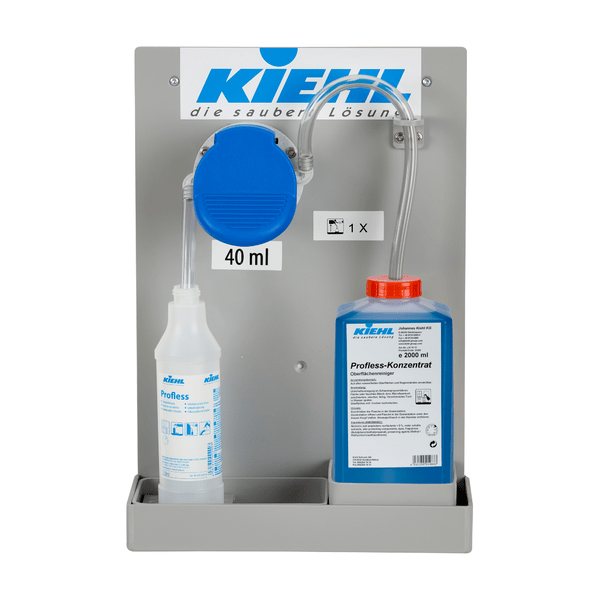 A wall mount Johannes Kiehl KG Kiehl-DosiExpress 30 ml for Kiehl-Desisan and Profless concentrate (1 pack), with blue pump, 30 ml indicator, clear hose, white Profless bottle on the left and blue concentrate bottle on the right.