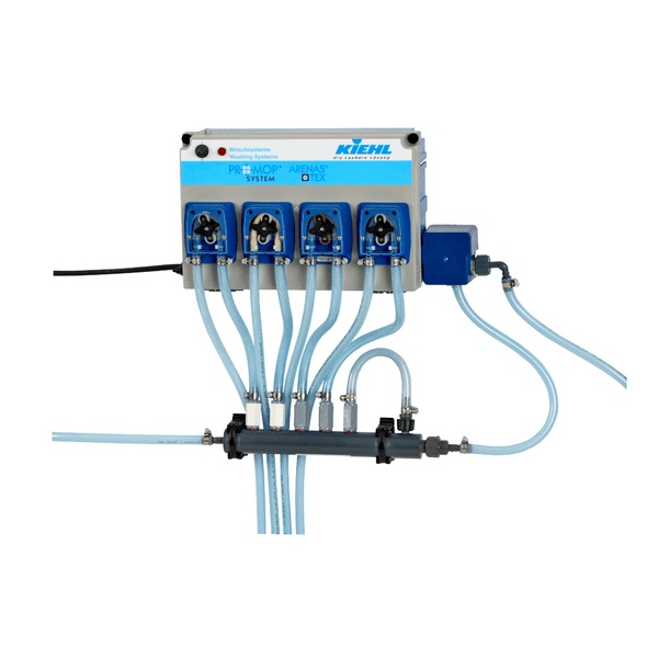 The wall-mounted dosing system ARENAS-P4 from Johannes Kiehl KG features four individually controlled, blue-marked pumps with a flow rate of 18 L/h, connected by transparent hoses for precise liquid dispensing.