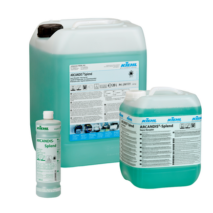 Three containers of ARCANDIS-Splend Acidic Rinse Aid by Johannes Kiehl KG - from the 1-liter bottle to the 10- and 20-liter canisters - prevent lime deposits in your dishwasher, all filled with light blue liquid.