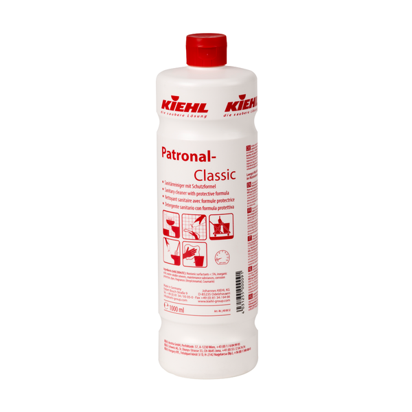 The white 1-liter bottle of Kiehl Patronal-Classic sanitary cleaner with protective formula from Johannes Kiehl KG is equipped with a red cap, red lettering, multilingual instructions, application symbols, and product details, emphasizing the biodegradable protective formula.
