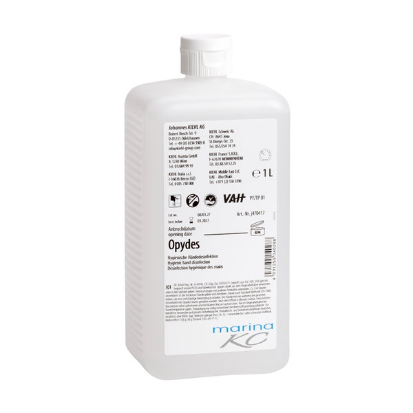 White 1-liter plastic bottle with a flip cap and white label with black and blue lettering, product information, symbols, and the brand "Johannes Kiehl KG." The product "Kiehl Opydes Hygienic Hand Disinfection" ensures effective germ reduction.