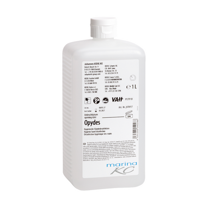 White 1-liter plastic bottle with a flip cap and white label with black and blue lettering, product information, symbols, and the brand "Johannes Kiehl KG." The product "Kiehl Opydes Hygienic Hand Disinfection" ensures effective germ reduction.