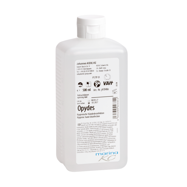 White 500 ml plastic bottle Kiehl Opydes Hygienic Hand Disinfection from Johannes Kiehl KG with a white cap and label with application instructions, dosage information, manufacturer details, and certification logos.