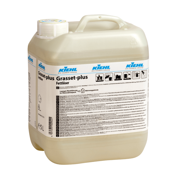 A 10-liter plastic container of Kiehl Grasset-plus grease remover from Johannes Kiehl KG, an effective grease remover and cleaner for all surfaces, with a white screw cap and a label with product information, instructions, and safety symbols.
