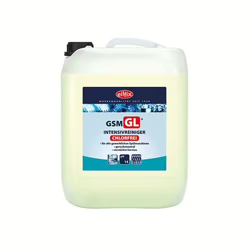 A large white plastic container with a black lid and the inscription "GastroPower Maran GL Glass Cleaner for GSM, 10 l" from Abena Re-Seller GmbH. This blue-white cleaner is ideal for gastronomy and commercial dishwashers and offers intensive chlorine-free cleaning.