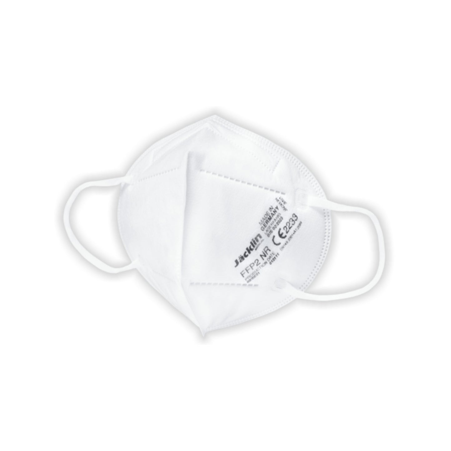 The Jäcklin Medical FFP2 mask - 1 piece is a white disposable face mask with ear loops and certification marking, made in Germany and depicted on a plain white background. Brand: Jäcklin Medical.