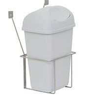 A Novocal plastic waste container (15 L, gray with lid) is held by a metal holder that is suitable for wall or door mounting.