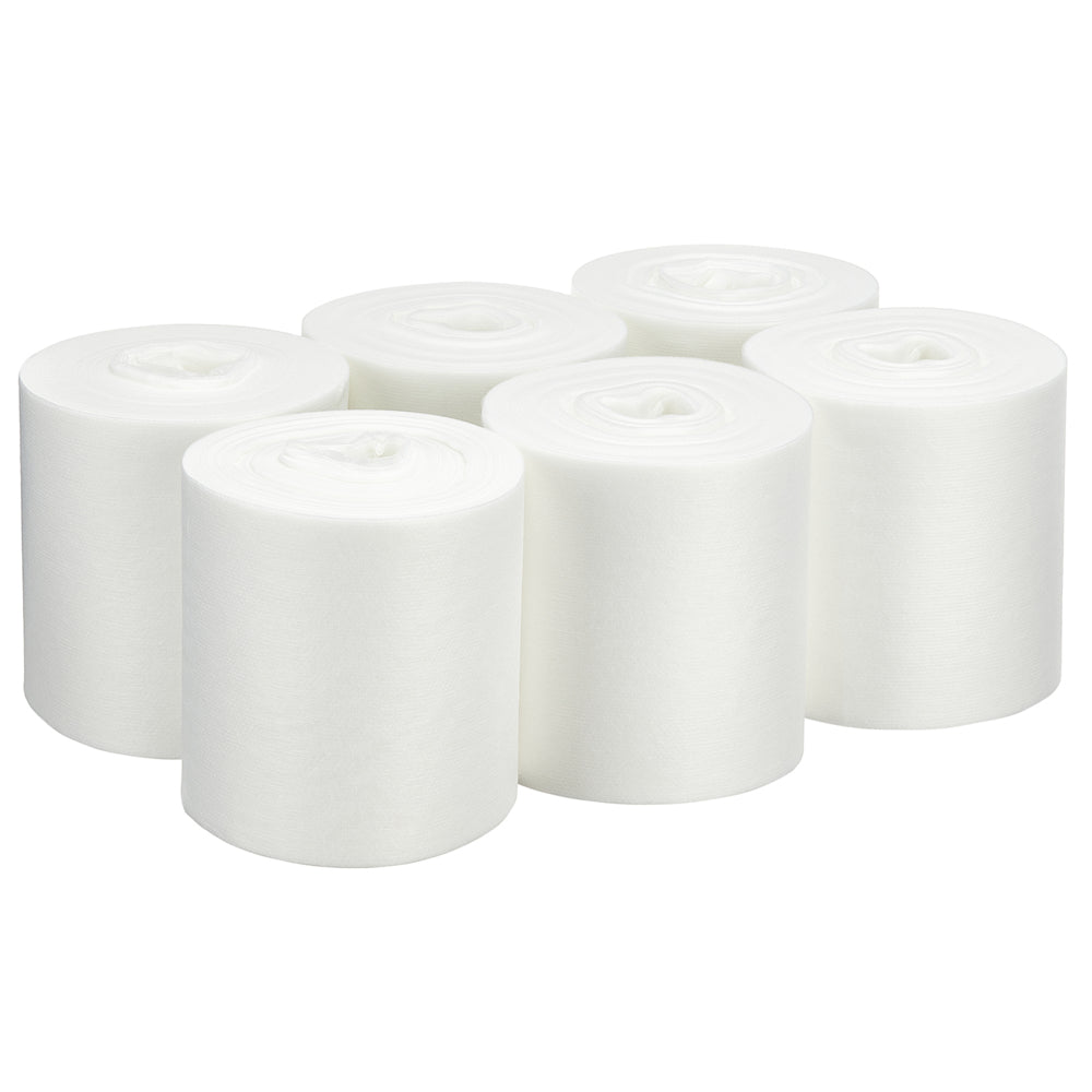 Six unopened rolls of WypAll® Wettask™ wipes, White (6 refill packs x 90 sheets), from Kimberly-Clark GmbH, are arranged upright in two rows on a white background, making the tightly wrapped, circular tops clearly visible.