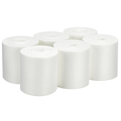 Six unopened rolls of WypAll® Wettask™ wipes, White (6 refill packs x 90 sheets), from Kimberly-Clark GmbH, are arranged upright in two rows on a white background, making the tightly wrapped, circular tops clearly visible.