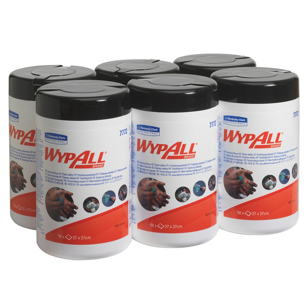 Six green WypAll® wipes (Kimberly-Clark GmbH) with 50 sheets each are arranged in two rows. The six-pack carton contains reusable wipes known for their high absorbency.