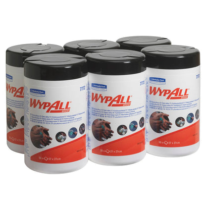 Six green WypAll® wipes (Kimberly-Clark GmbH) with 50 sheets each are arranged in two rows. The six-pack carton contains reusable wipes known for their high absorbency.
