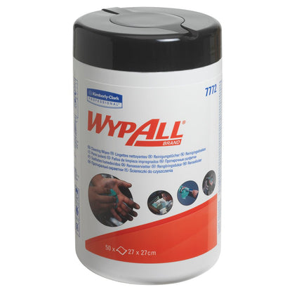 A cylindrical cup of WypAll® wipes from Kimberly-Clark GmbH, green variant, with a black lid and white label with brand and application images; each carton contains 6 cups x 50 wipes (27 x 27 cm) with high absorbency.