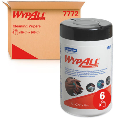 A container with WypAll® wipes - Green from Kimberly-Clark GmbH is depicted in front of a brown carton labeled "6 Tubs x 50 Sheets = 300". The container has usage instructions and a red "6 x" symbol.