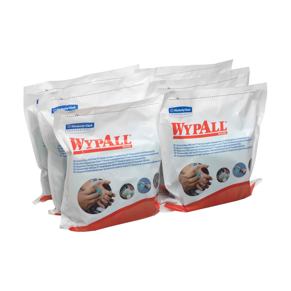 Six packages of WypAll® Wipes - Green from Kimberly-Clark GmbH, each with 75 sheets, are adorned with striking branding and green accents, designed for industrial cleaning tasks.