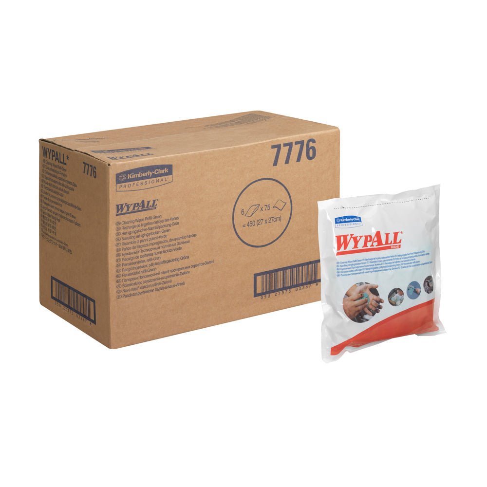 A brown box labeled "WypAll 7776" stands next to a sealed pack of WypAll® Wipes - Green (6 x 75 wipes) from Kimberly-Clark GmbH - marked with brand name and application, ideal for industrial cleaning.