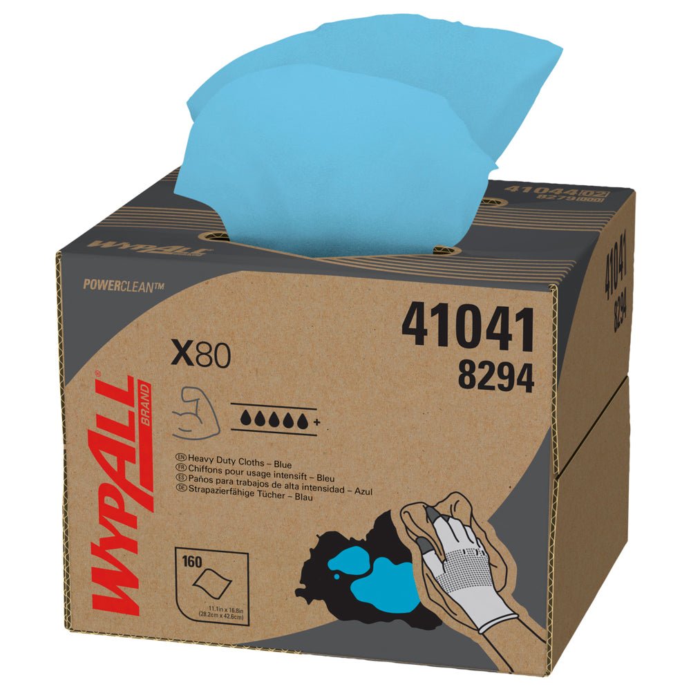 The WypAll® X80 PowerClean BRAG™ Box from Kimberly-Clark GmbH dispenses 160 steel blue industrial cleaning cloths through a perforated top opening, with product information and graphics on the carton (1 box).