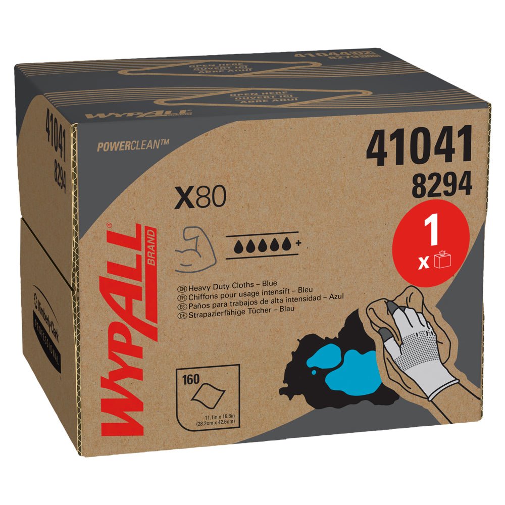 A cardboard box with WypAll® X80 PowerClean - BRAG™ Box/Steel Blue from Kimberly-Clark GmbH, with product details, symbols, and an illustration of a gloved hand using a blue cloth for industrial cleaning (1 box x 160 sheets).