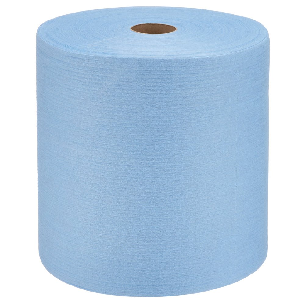 A WypAll® X80 PowerClean large roll (31.00 x 31.50 cm) from the brand Kimberly-Clark GmbH with a small brown cardboard core stands upright against a white background.