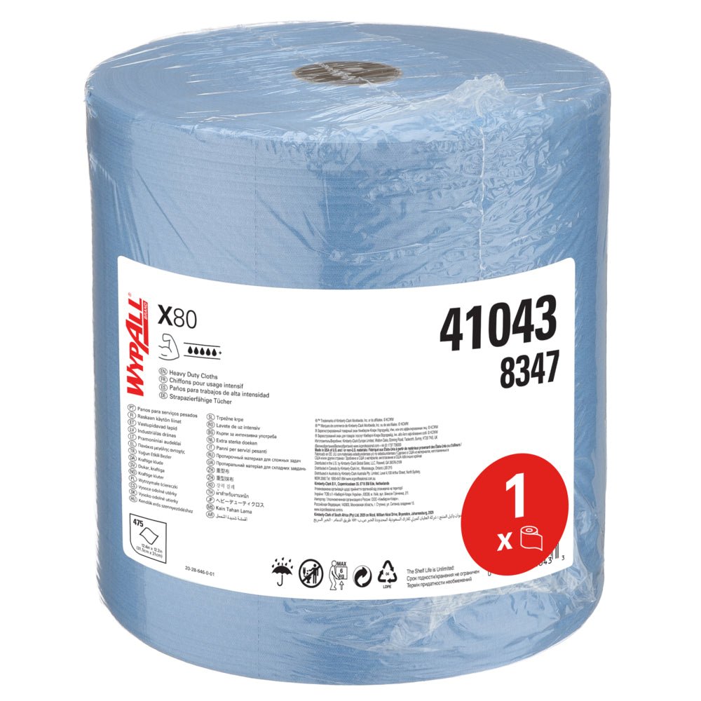 A large blue WypAll® X80 PowerClean large roll (31.00 x 31.50 cm) from Kimberly-Clark GmbH, ideal for professional cleaning, packaged in plastic with a white label reading "WypAll", code 41043, along with recycling and handling symbols.