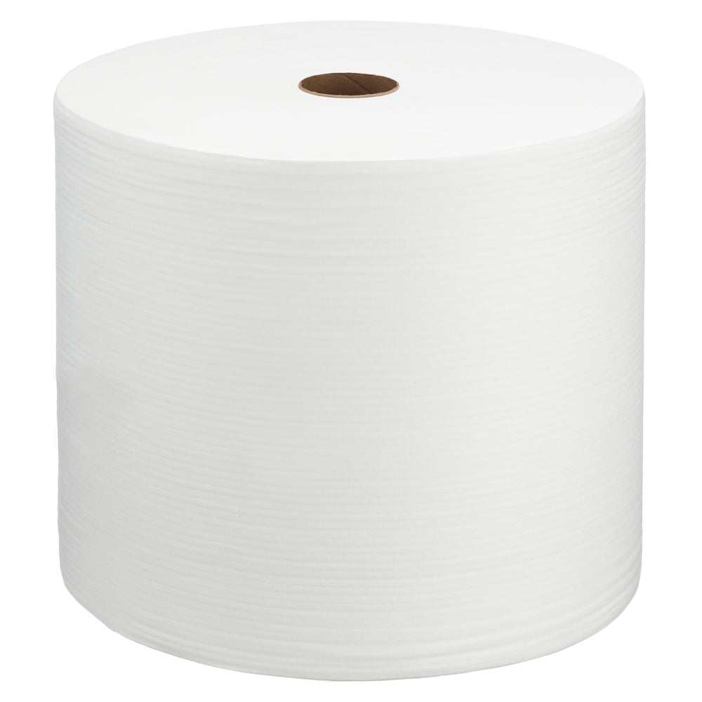 The WypAll® X70 PowerClean large roll in white from Kimberly-Clark GmbH consists of 1 roll with 870 sheets and a brown cardboard core, depicted upright on a white background - ideal for industrial cleaning.
