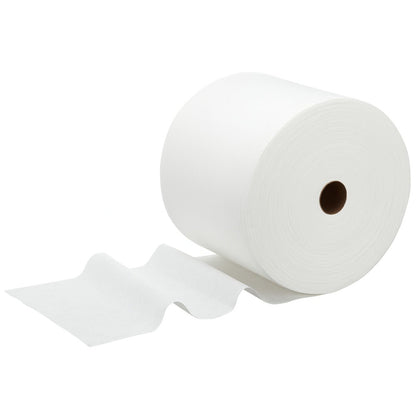 A large roll of WypAll® X70 PowerClean cleaning cloths (Kimberly-Clark GmbH, 1 roll x 870 sheets, white) is shown with several unrolled sheets, ideal for industrial cleaning, against a plain white background.