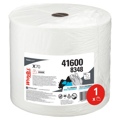 The WypAll® X70 PowerClean large roll in white from Kimberly-Clark GmbH (1 roll x 870 sheets, item no. 41600 8348) is packaged in clear plastic and ideal for industrial cleaning.