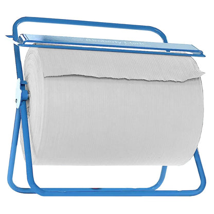 The WypAll® X80 PowerClean large roll (31.00 cm x 31.50 cm) from Kimberly-Clark GmbH on a blue metal dispenser with a cutting edge - ideal for professional use in demanding environments.