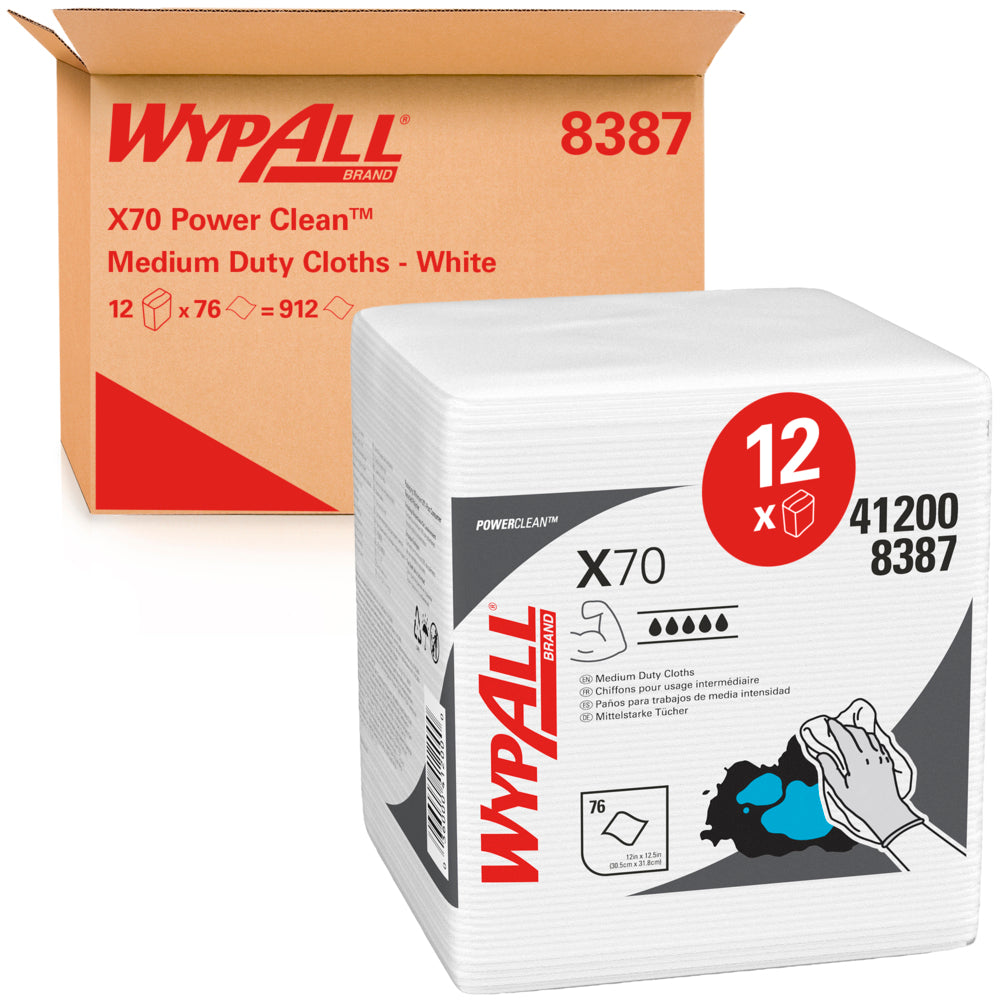 Eine Schachtel mit der Aufschrift "Kimberly-Clark GmbH WypAll® X70 PowerClean - Viertelgefaltet / Weiß" enthält 12 Beutel mit 76 Blatt weißen, gefalteten Industriereinigungstüchern mit Produktdetails und Anwendungssymbolen auf der Verpackung.