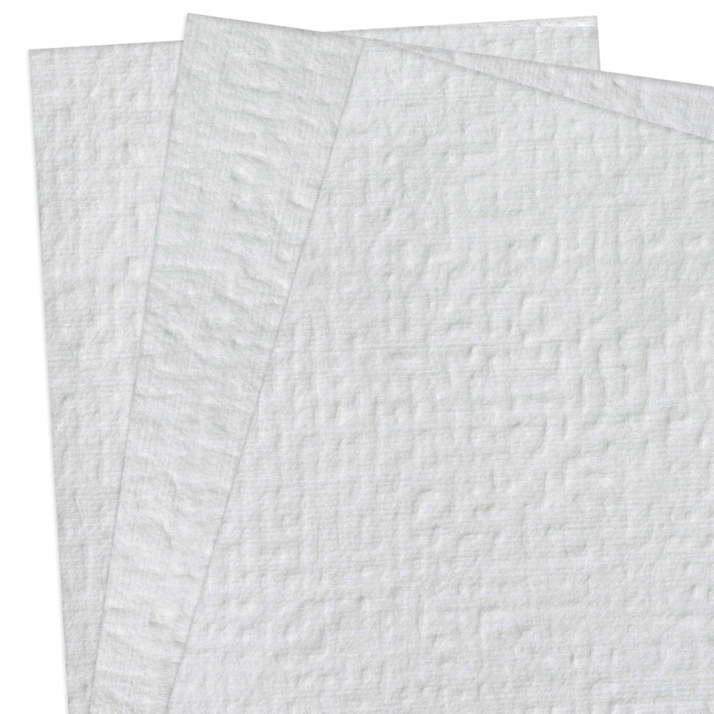 Three overlapping white WypAll® X70 PowerClean towels from Kimberly-Clark GmbH are pictured on a solid background, with visible patterns and soft edges - ideal for industrial cleaning. Packaging: 1 Right Rag Box x 300 sheets.