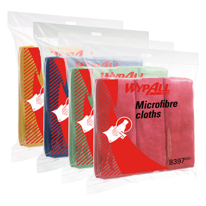 Fünf Packungen WypAll® Mikrofasertücher - flaches Tuch (40 x 40 cm) von Kimberly-Clark GmbH sind in einer durchsichtigen Verpackung abgebildet. Jede Packung enthält Mikrofasertücher in den Farben gelb, blau, grün, hellgrün und rosa mit einem roten Etikett mit Produktinformation.