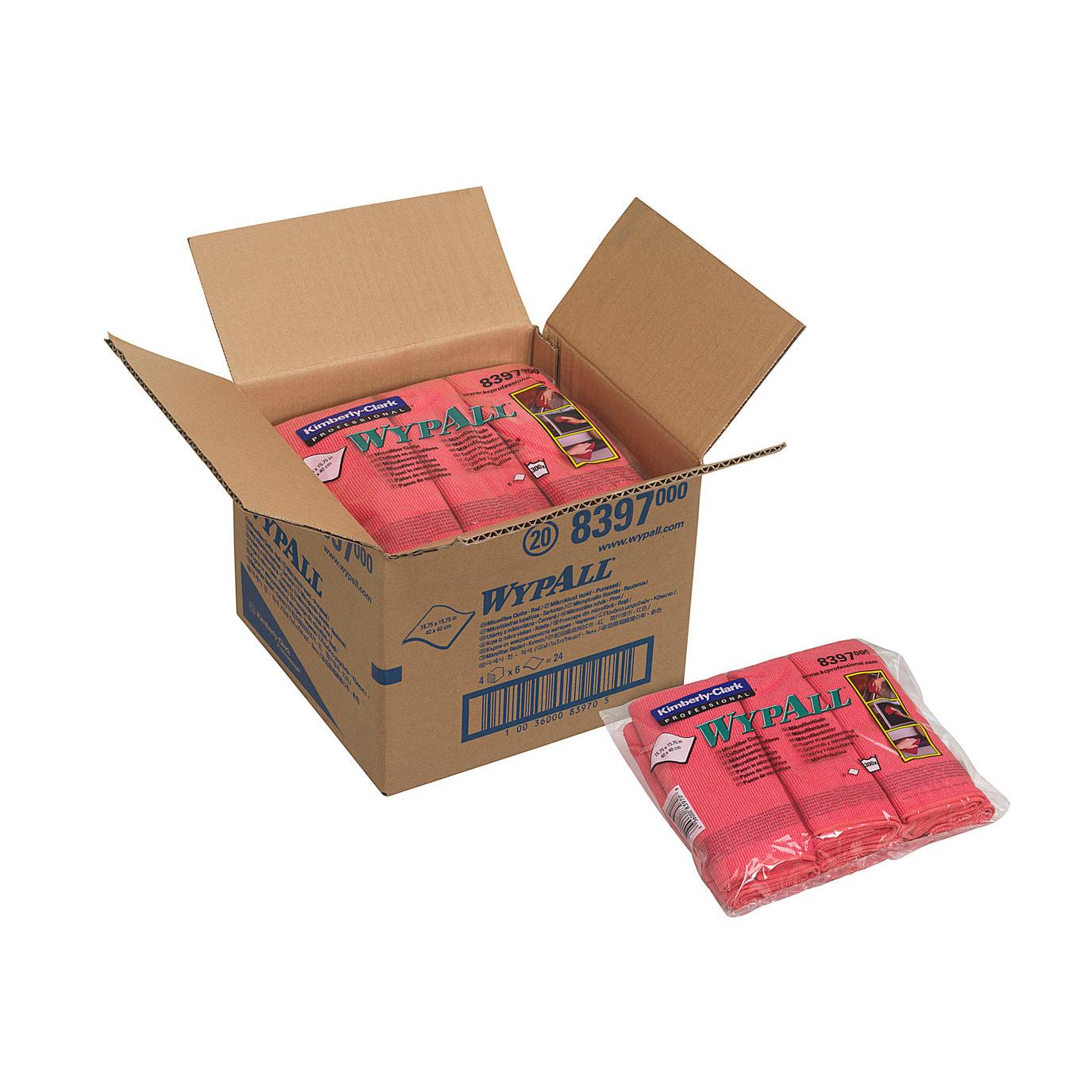 Ein geöffneter Karton der Kimberly-Clark GmbH mit der Aufschrift "WypAll" enthält mehrere Packungen WypAll® Mikrofasertücher - flaches Tuch, 40 x 40 cm. Jede Packung enthält rote Mikrofasertücher; eine Packung flaches Tuch befindet sich außerhalb des Kartons.