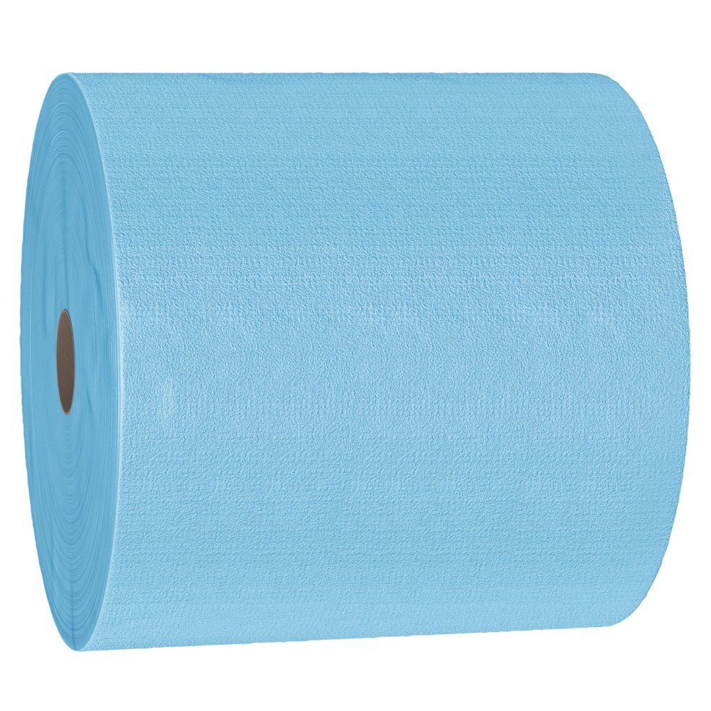 The WypAll® X70 PowerClean jumbo roll from Kimberly-Clark is visible as a large, blue, textured paper towel roll with a brown cardboard core - ideal for industrial cleaning (1 roll x 870 sheets).